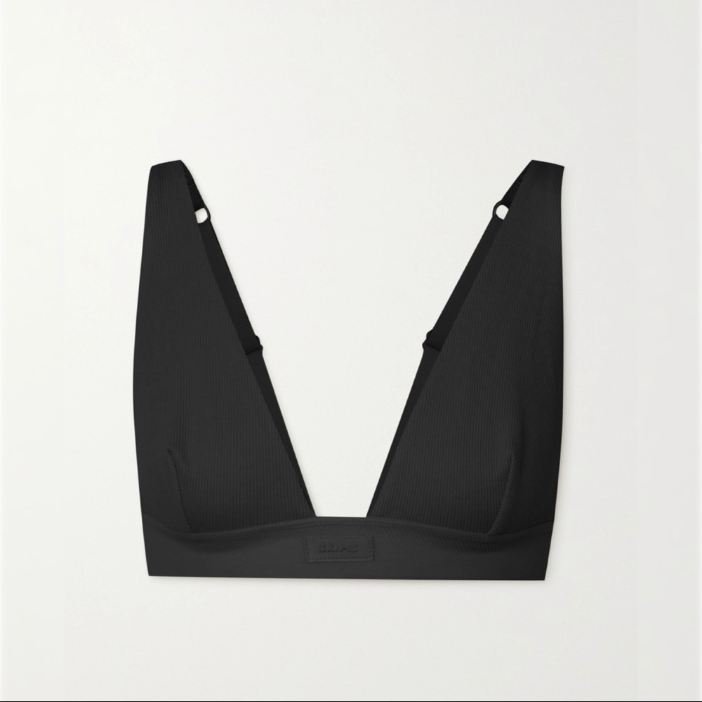 Skims Bralette Plunge Ribbed Cotton Jersey Women's Solid Black Soot Wireless Med - Picture 2 of 10